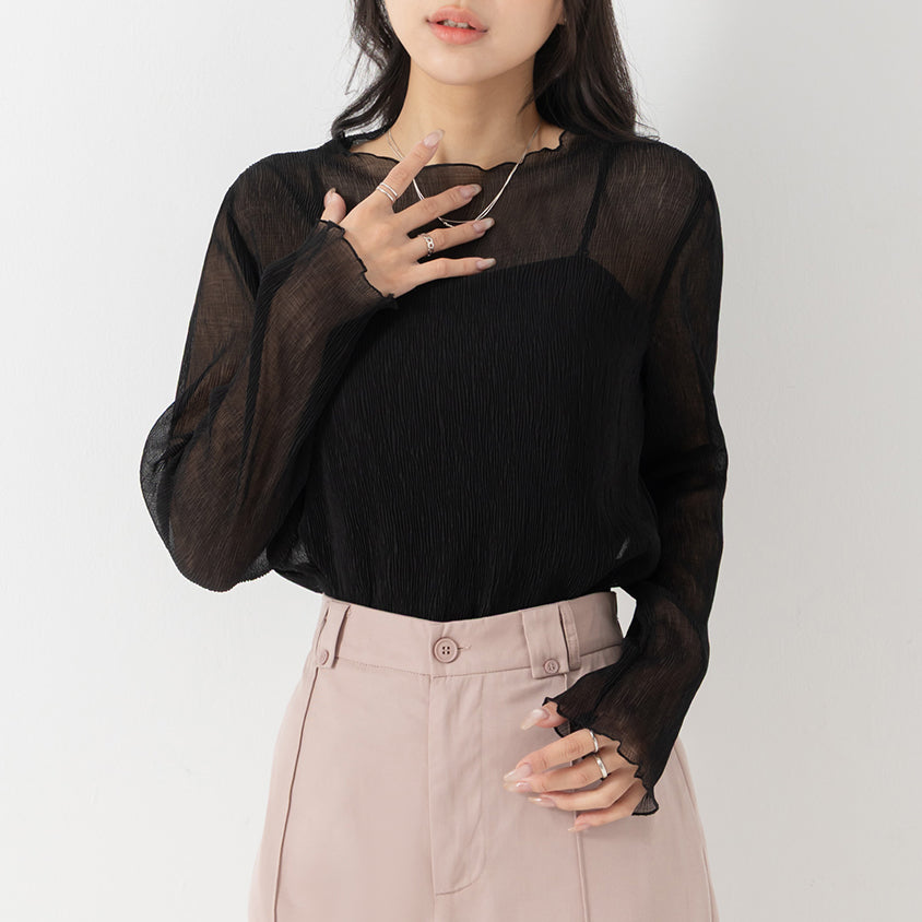 MISS. Ethereal Crinkle Sheer Mock-Neck Plus Size Top