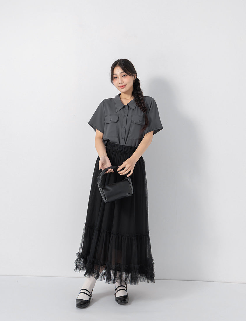 Contrast Stitch Lightweight Utility Chiffon Plus Size Shirt
