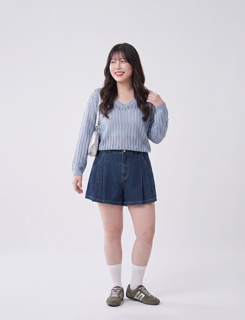 V-Neck Openwork Ribbed Knit Long Sleeve Plus Size Top