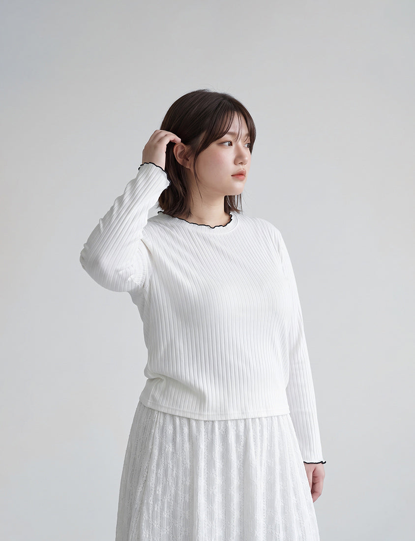 Soft Wide Ribbed Ruffle-Trim Long Sleeve Plus Size Top