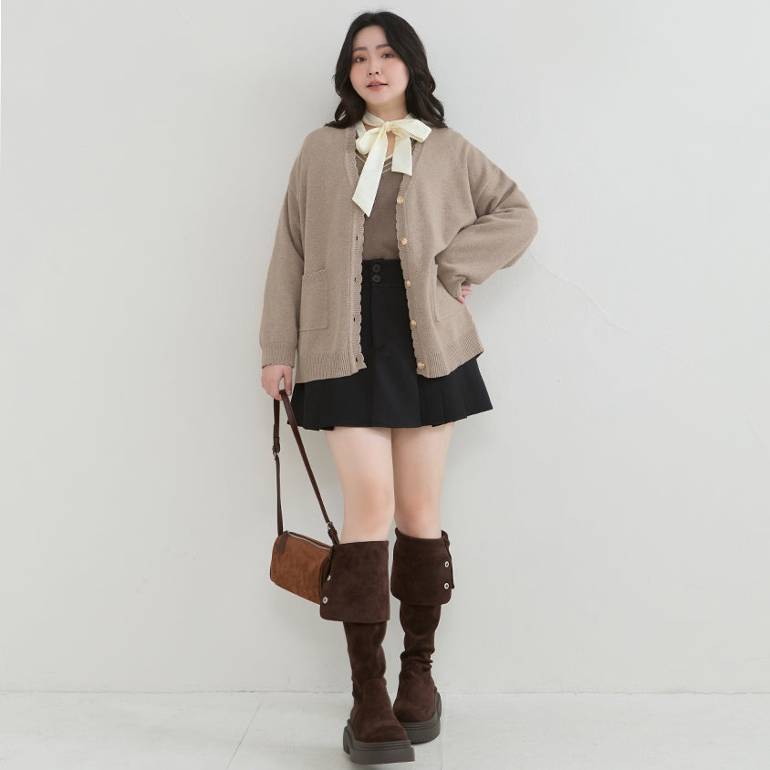 Cute Lettuce Trim V-Neck Knit Plus Size Cardigan
