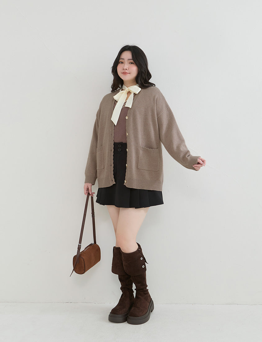 Cute Lettuce Trim V-Neck Knit Plus Size Cardigan
