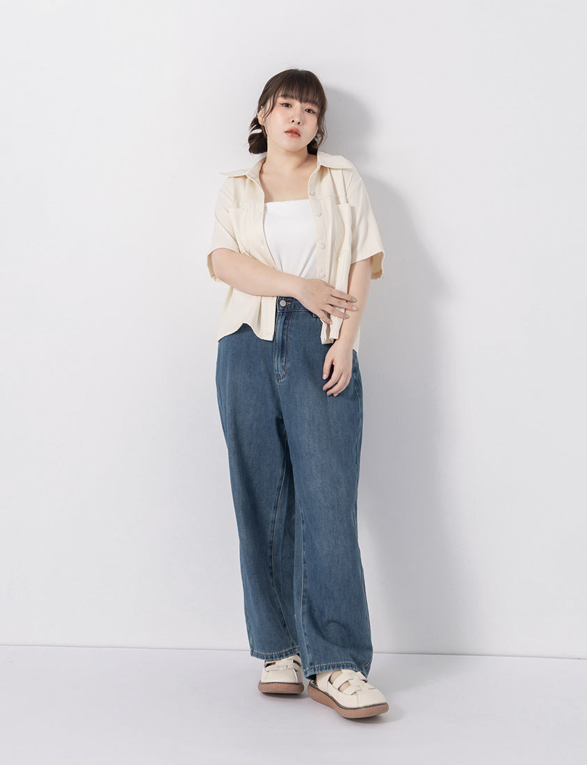 Double Pocket Twill Shell Button Plus Size Shirt