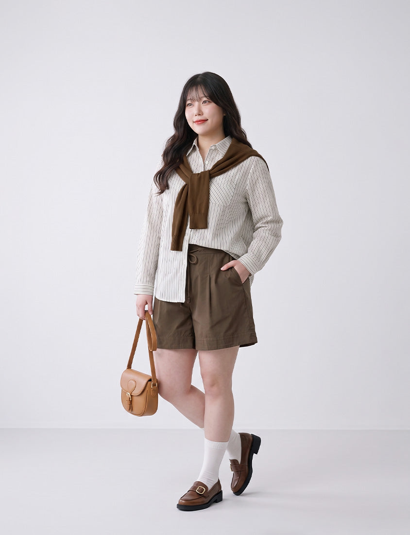 Contrast Stripe Long Sleeve Plus Size Shirt (With Shawl)