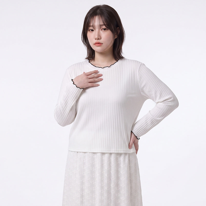 Soft Wide Ribbed Ruffle-Trim Long Sleeve Plus Size Top
