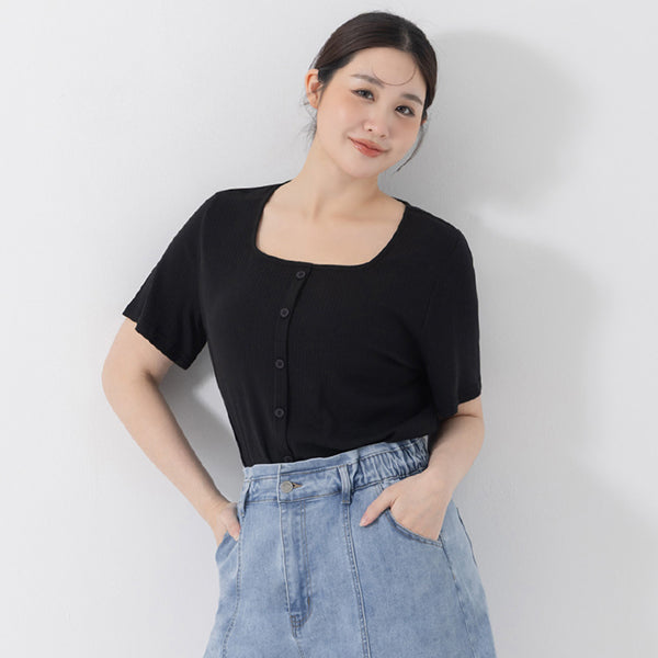 Tencel Ribbed Faux Button Square Neck Plus Size Top