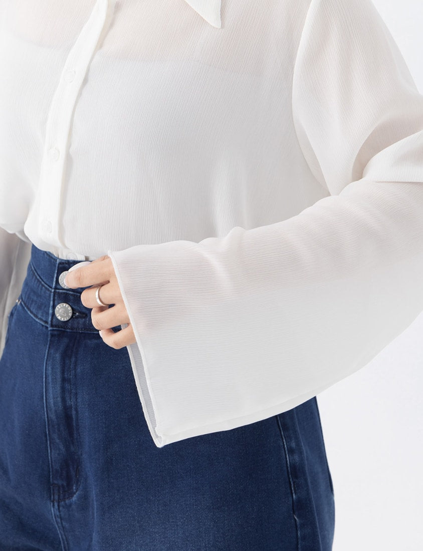 Sheer Crinkle Bell Sleeve Cropped Plus Size Shirt