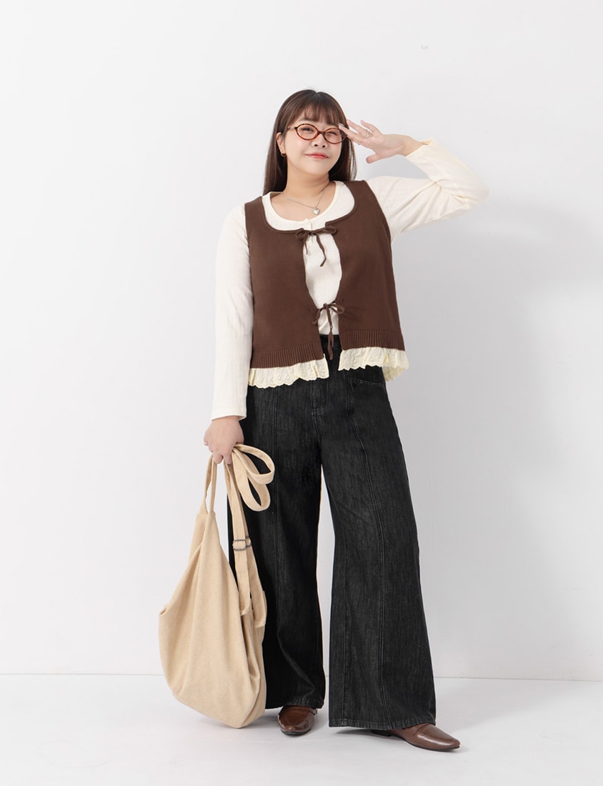 Jacquard Ribbed Button-Front Plus Size Crewneck Top