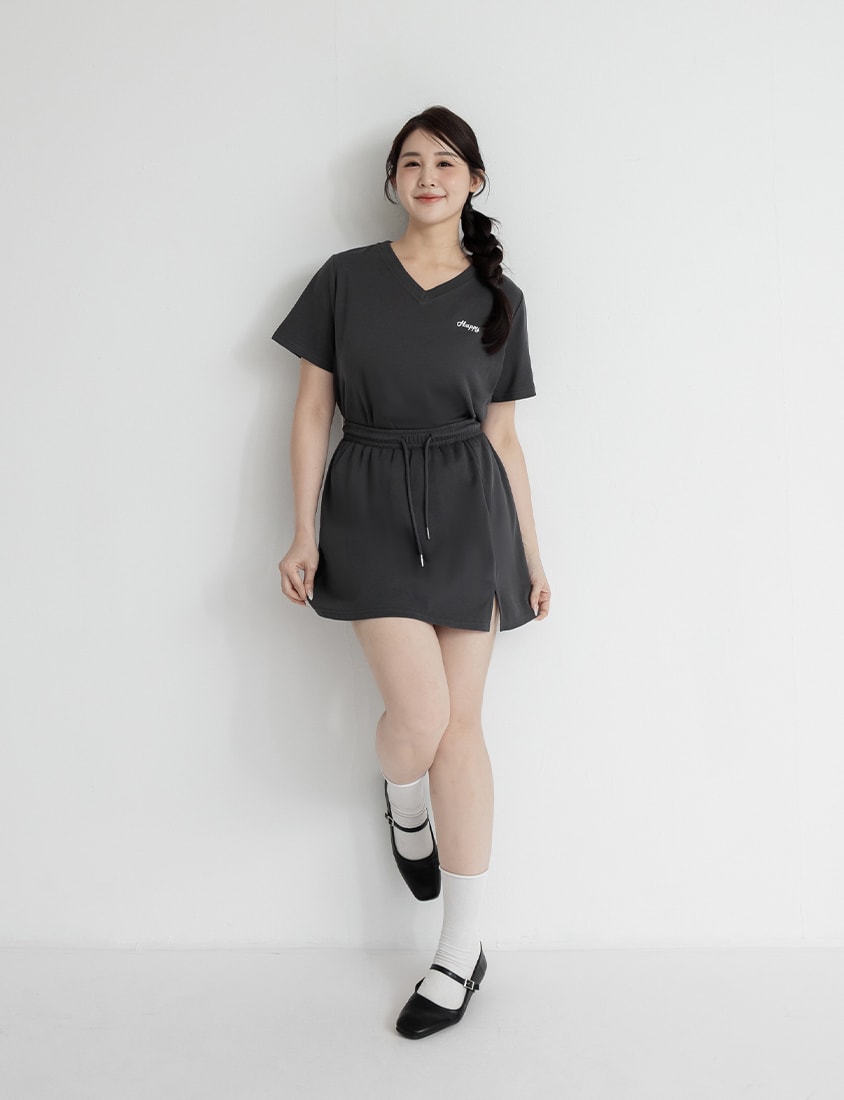 Soft Stretch Cotton Side Slit Drawstring Plus Size Mini Skirt