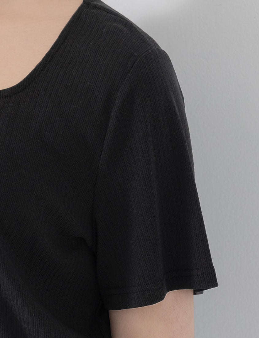 Tencel Ribbed Faux Button Square Neck Plus Size Top