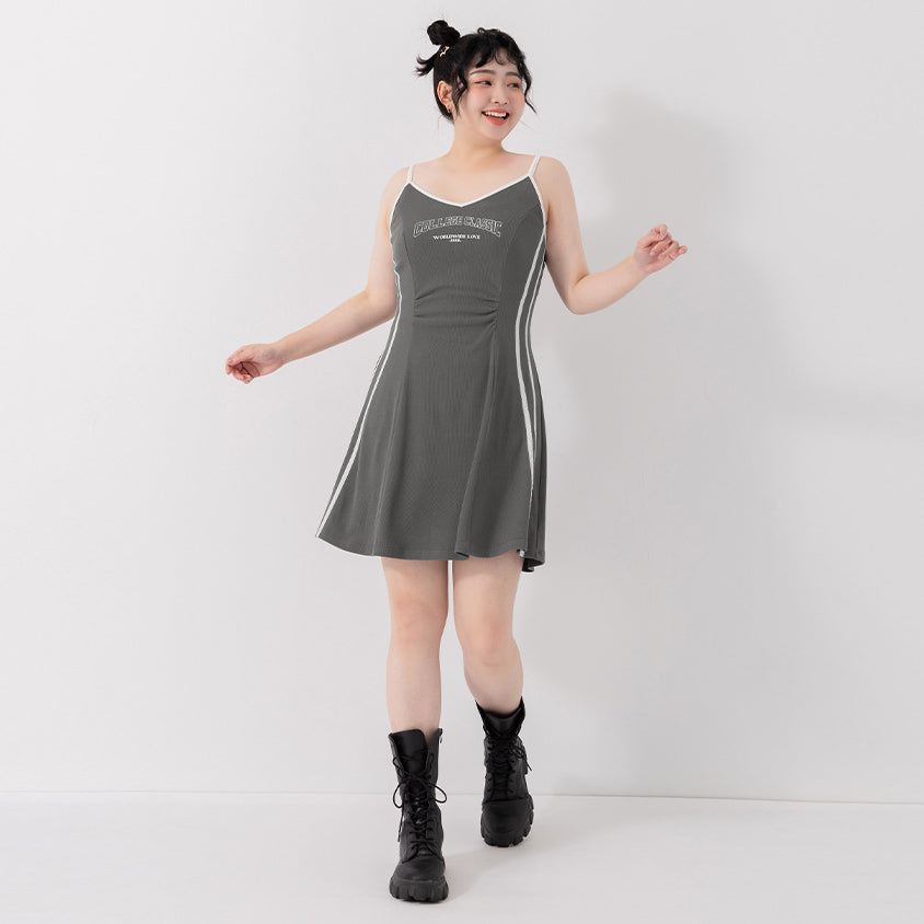 Slim Fit Ribbed V-Neck Letter Print Plus Size Mini Dress