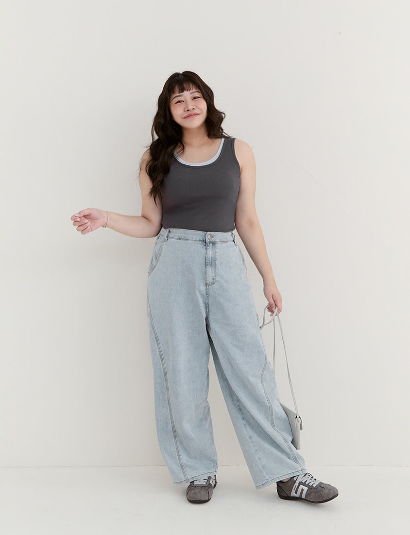 Pobra. Contrast Crew Neck Ribbed Plus Size Bra Tank Top