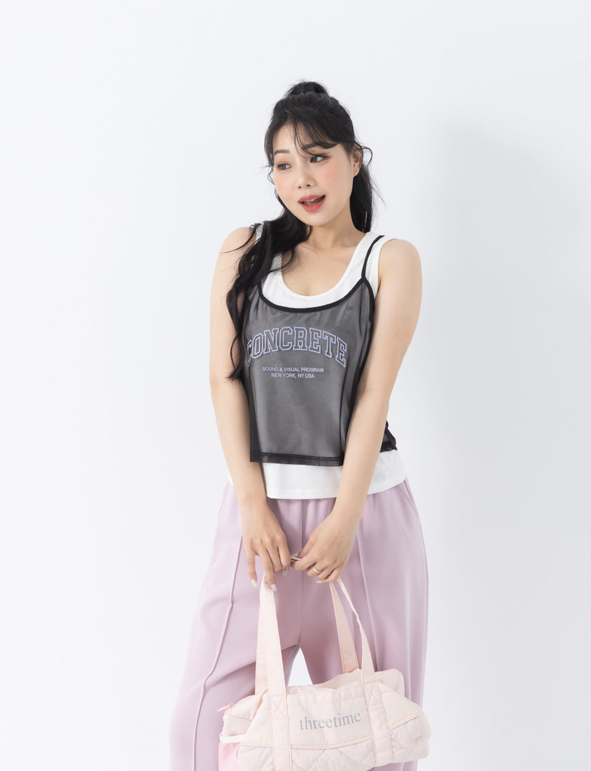Two Piece Sheer Printed U-Neck Plus Size Tank Set
