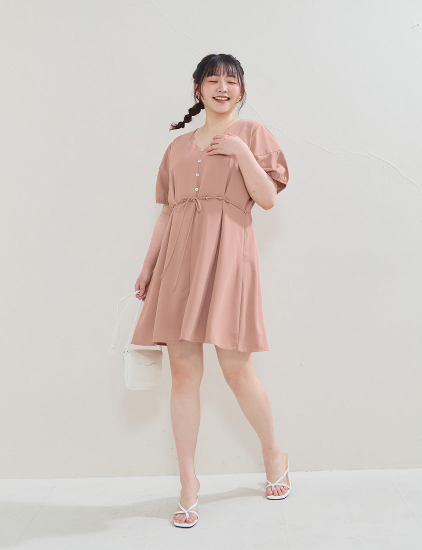 Faux Button Beaded Drawstring V-Neck Plus Size Mini Dress