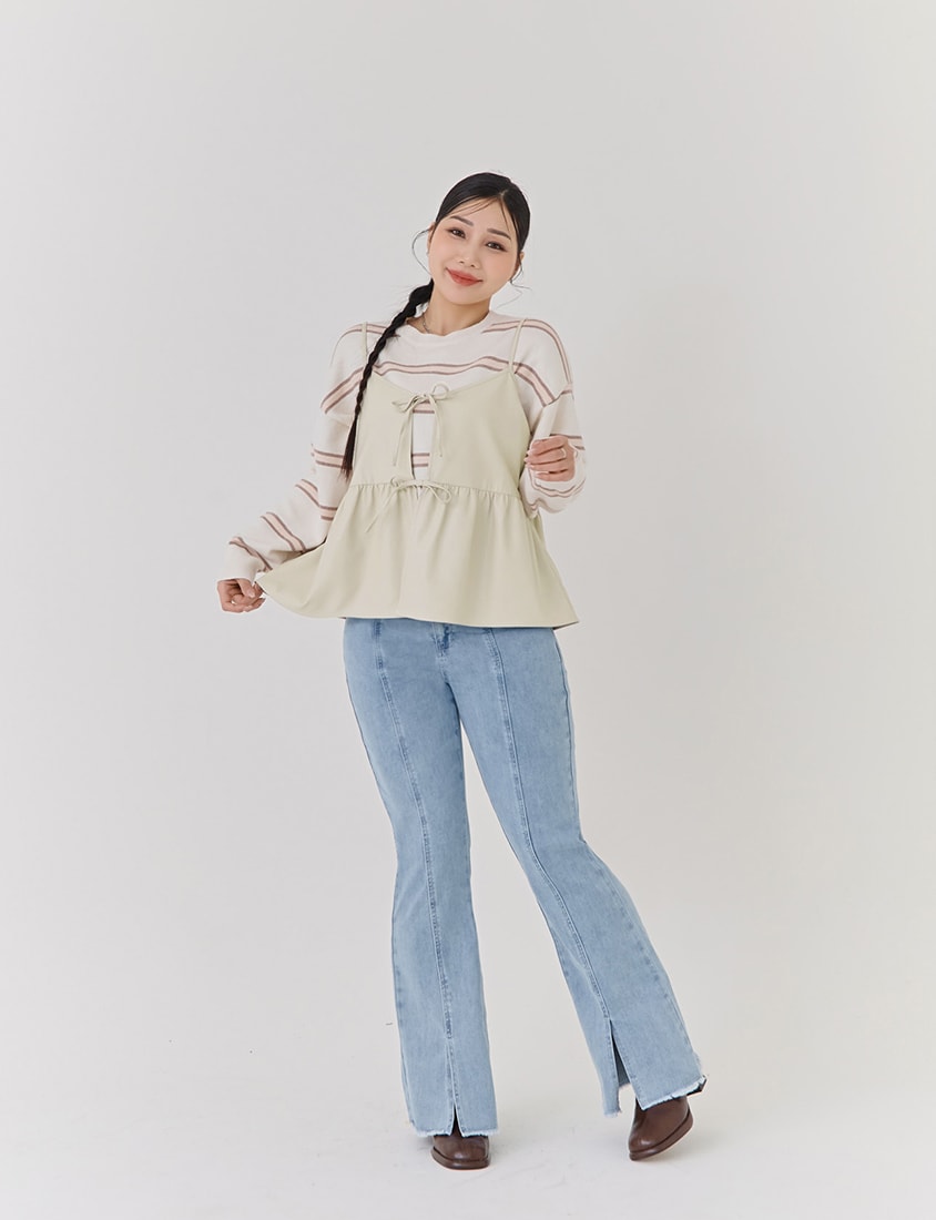 Japanese-Style Colorblock Striped Plus Size Knit Top (With Hooded Shawl)