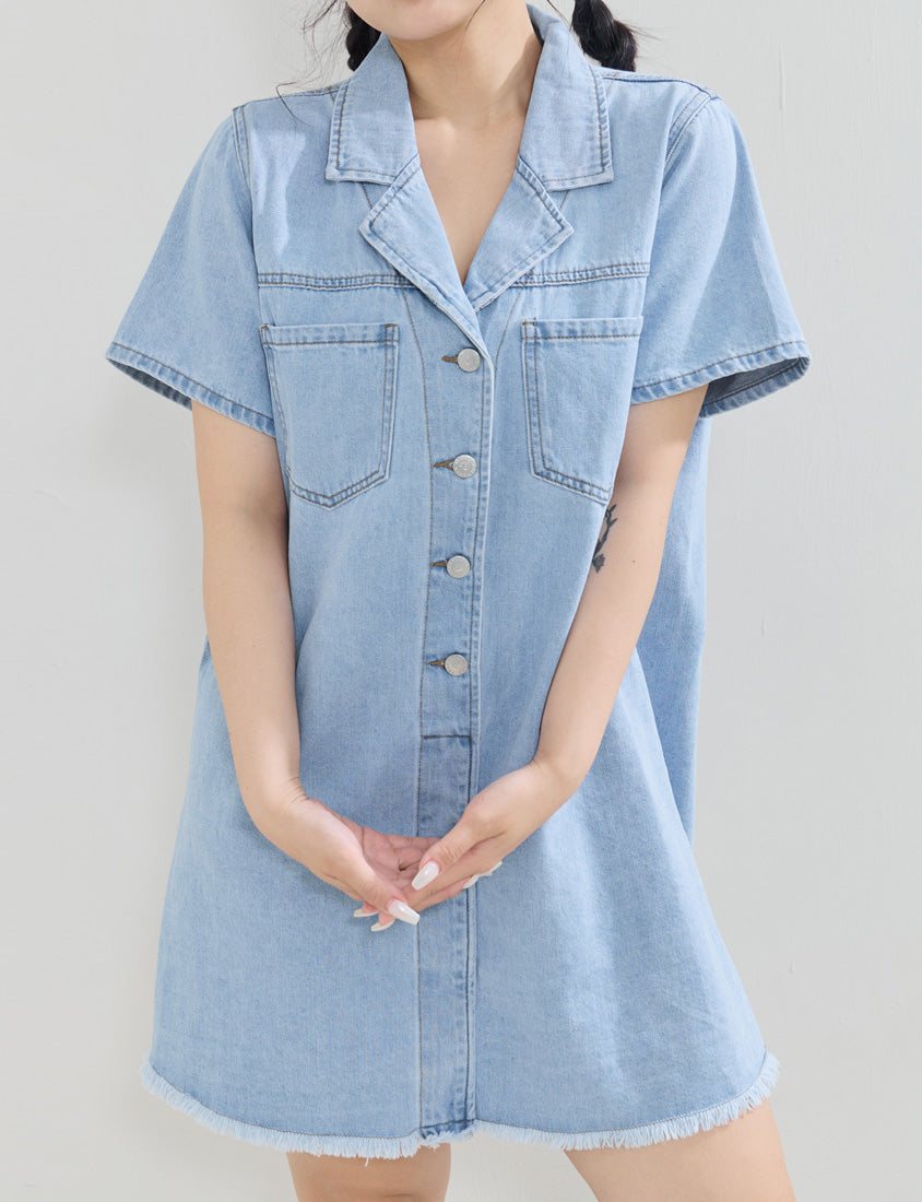 Frayed Hem Pocket Denim Plus Size Mini Dress