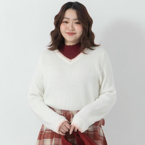 Contrast Trim Multi-Color Plus Size V-Neck Knit Top