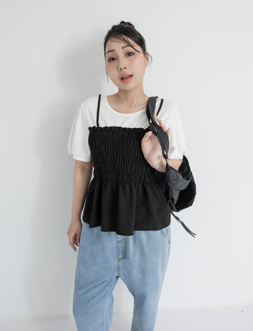 Sweet Crinkle Faux Two-Piece Short Sleeve Plus Size Top