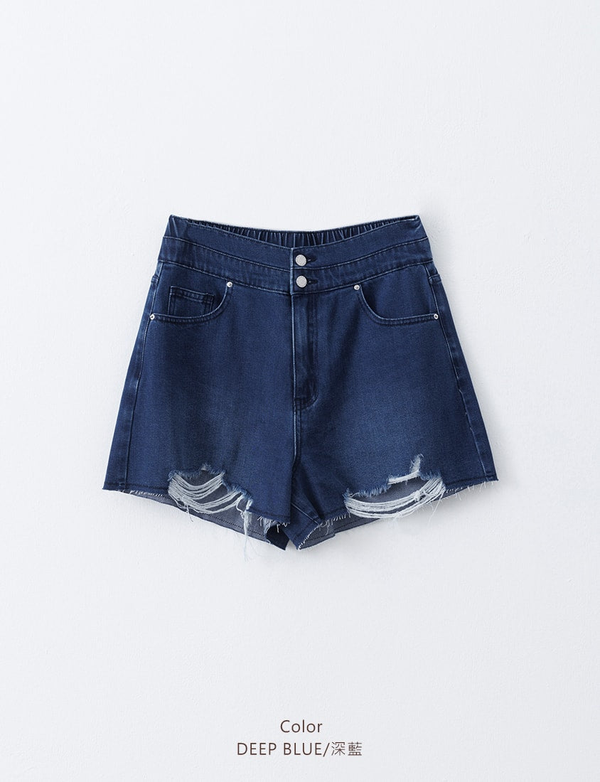 Tencel Silky Denim Double Button Distressed Plus Size Shorts