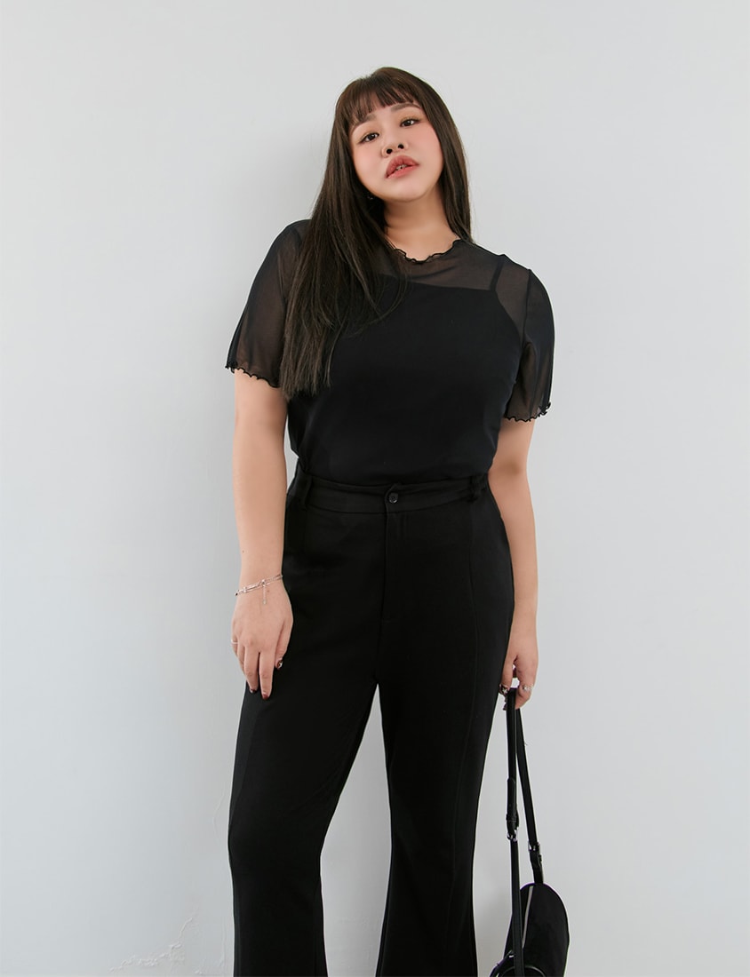 MISS. Ruffle Trim Sheer Plus Size Short Sleeve Top