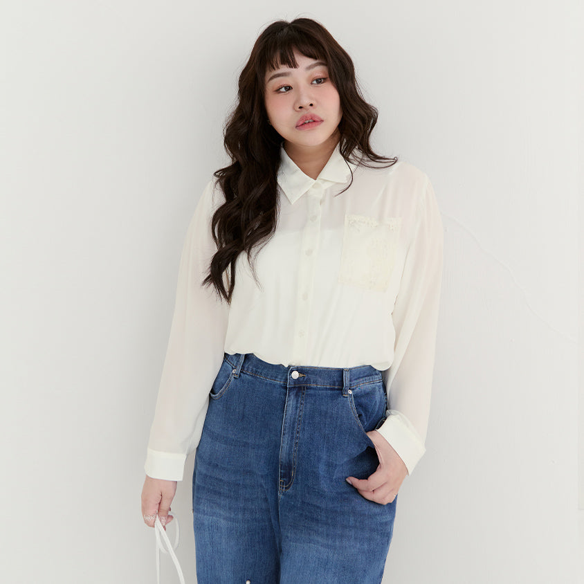 Elegant Lace Patchwork Semi-Sheer Chiffon Plus Size Shirt