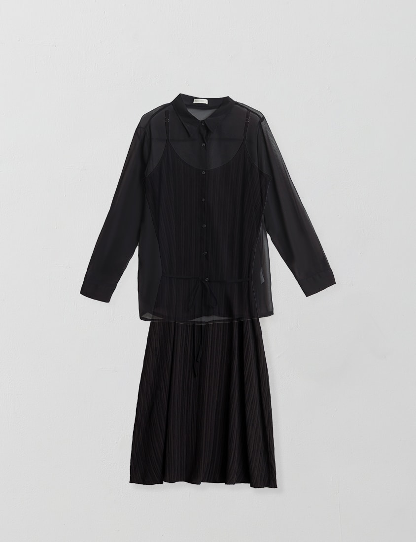 Sheer Shirt With Strap Dress Plus Size Set (With Waist Tie)