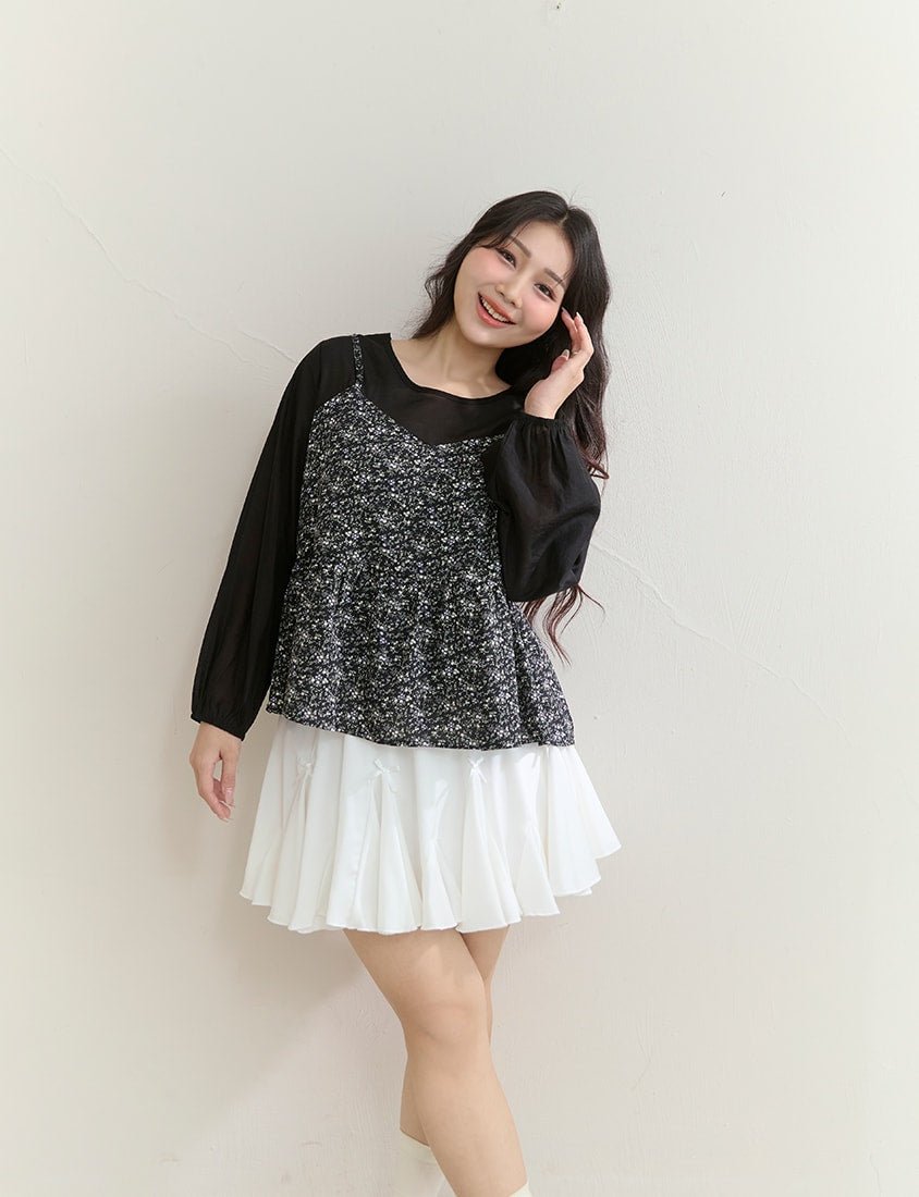 Floral Faux Two Piece Sheer Plus Size Long Sleeve Top