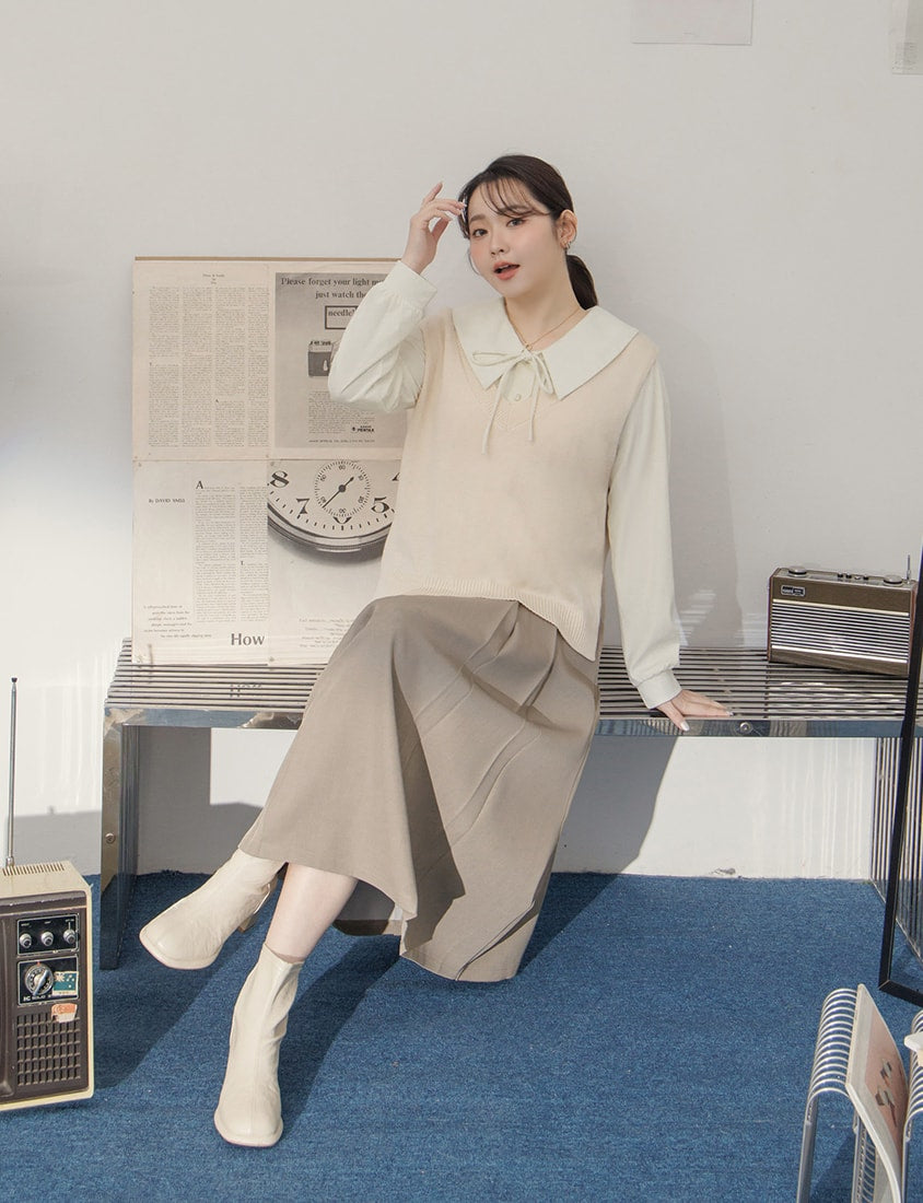MISS. Elegant Velvet Collar Plus Size Long Sleeve Shirt