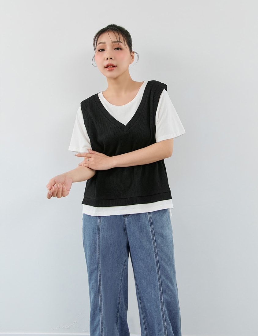 Contrast Waffle Faux Two Piece Plus Size Tee