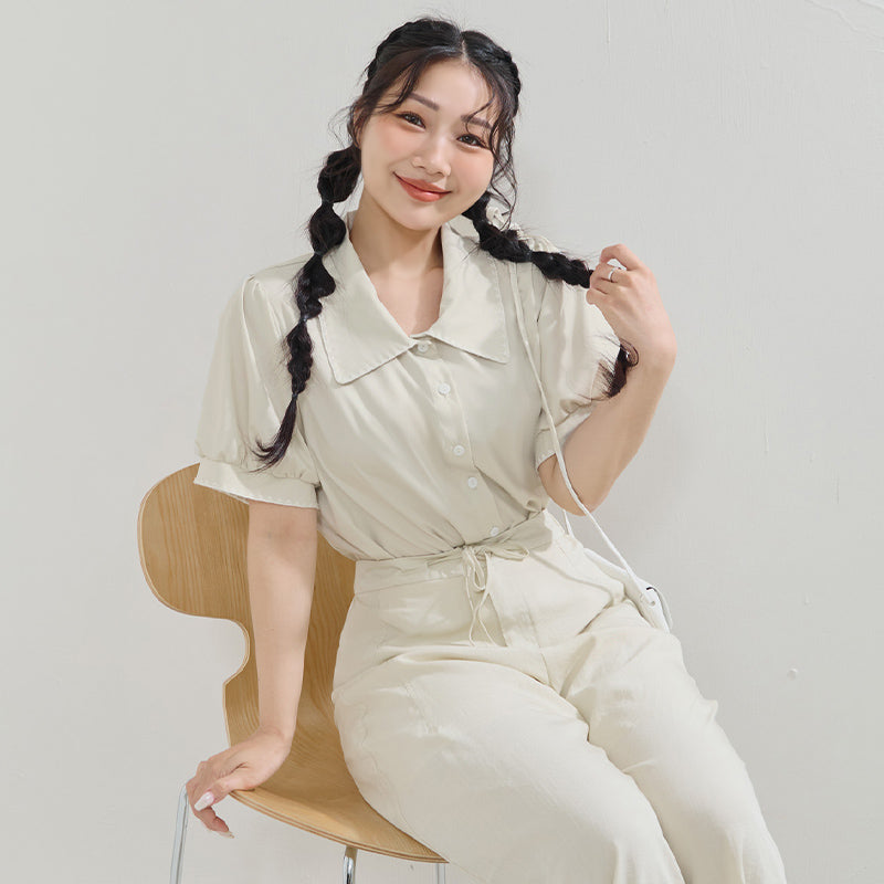 Contrast Embroidered Lace Puff Sleeve Plus Size Shirt