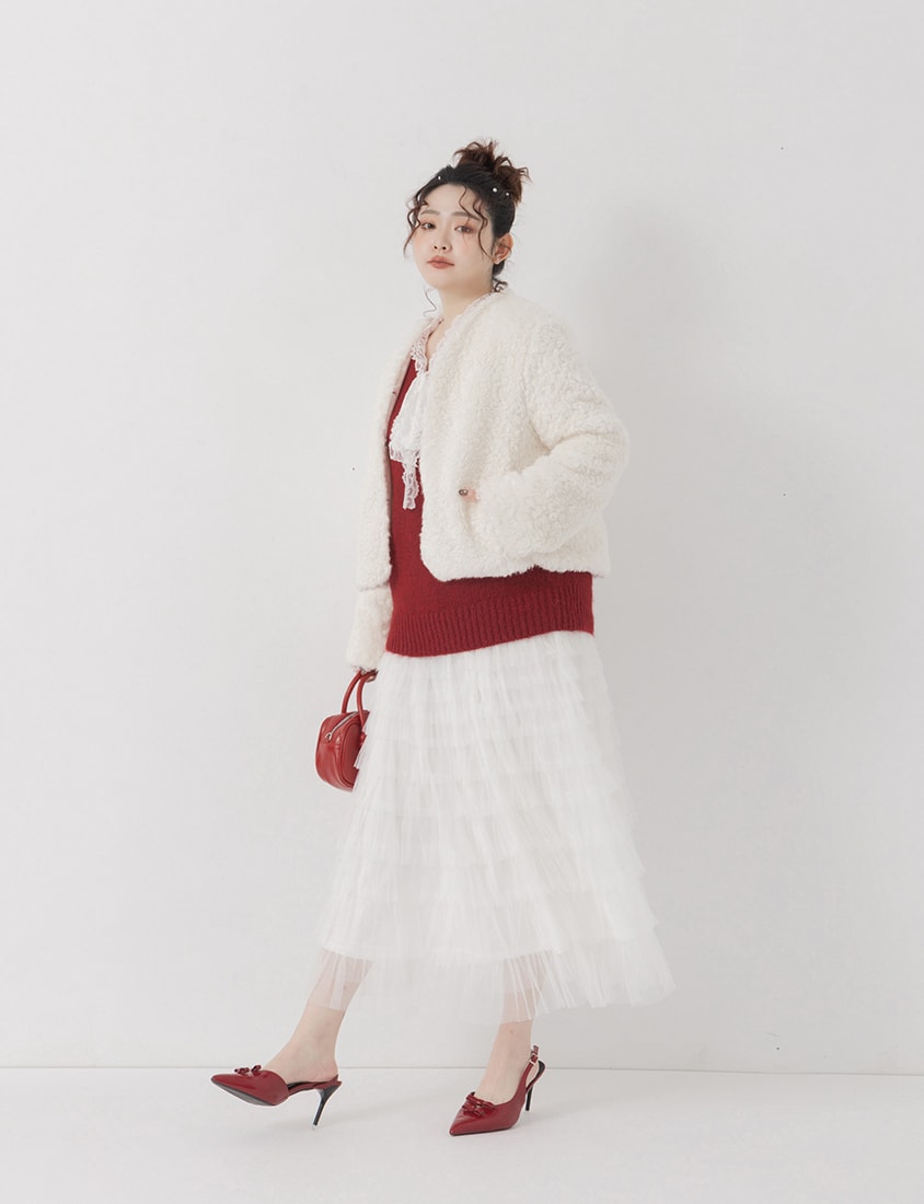 MISS. Japanese Style V-Neck Curly Knit Plus Size Cropped Jacket