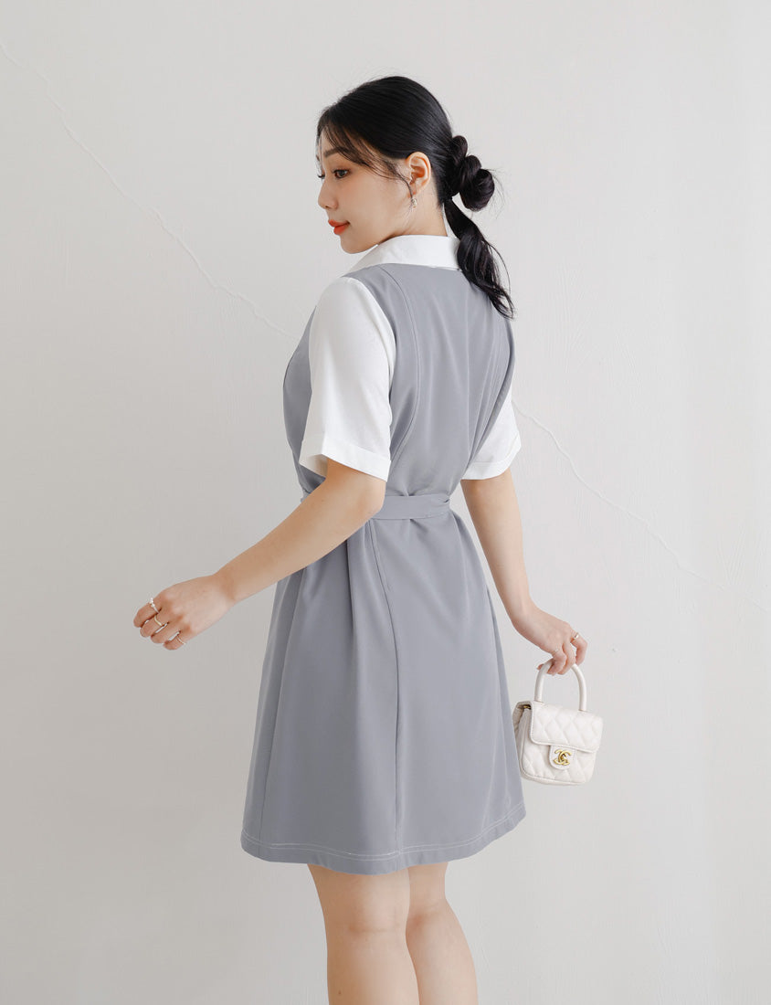 MISS. Faux Two-Piece Color-Block Stitching Plus Size Mini Dress (With Belt)