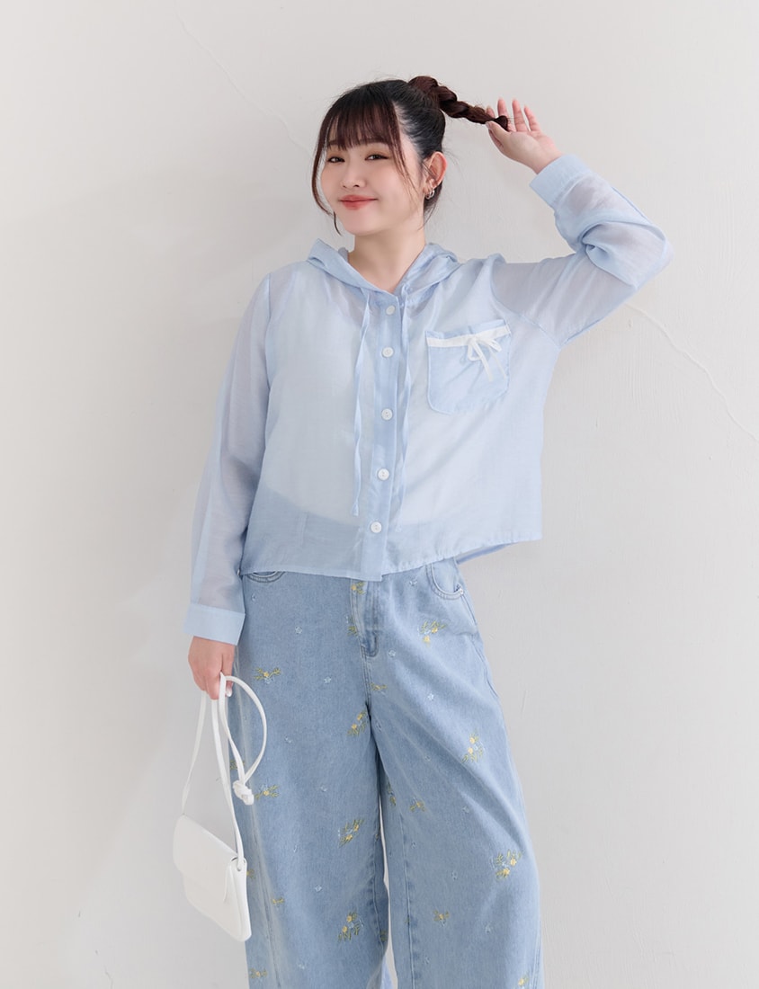 Cute Bow Pocket Sheer Hooded Plus Size Jacket