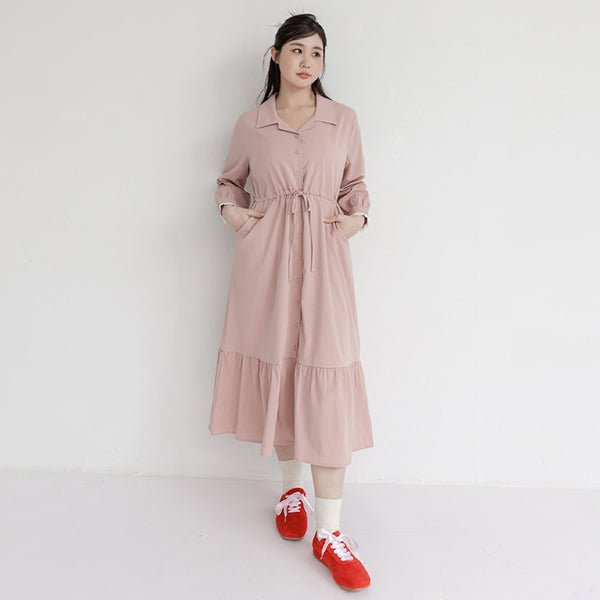 Cuban Collar Drawstring Waist Tiered Plus Size Dress