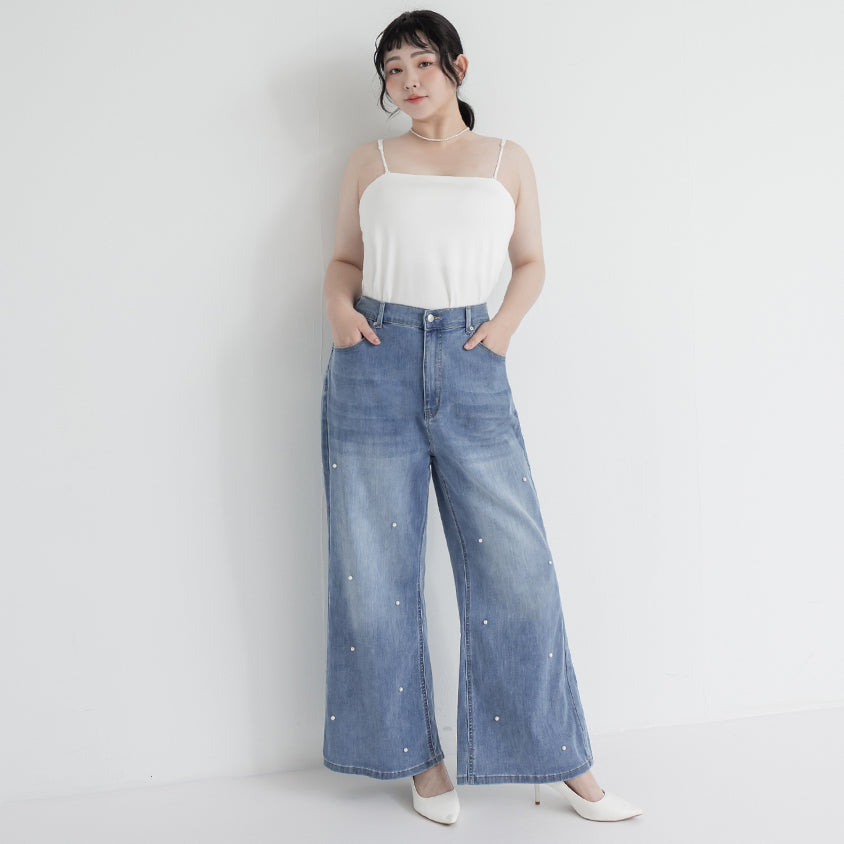 Pearl Embellished Stretch Denim Plus Size Wide Leg Pants