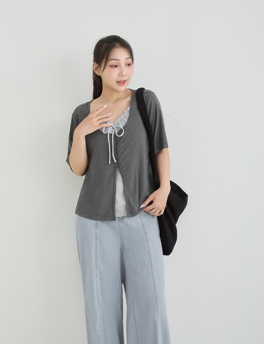 Korean Style Lace Trim Faux Two Piece Plus Size Top