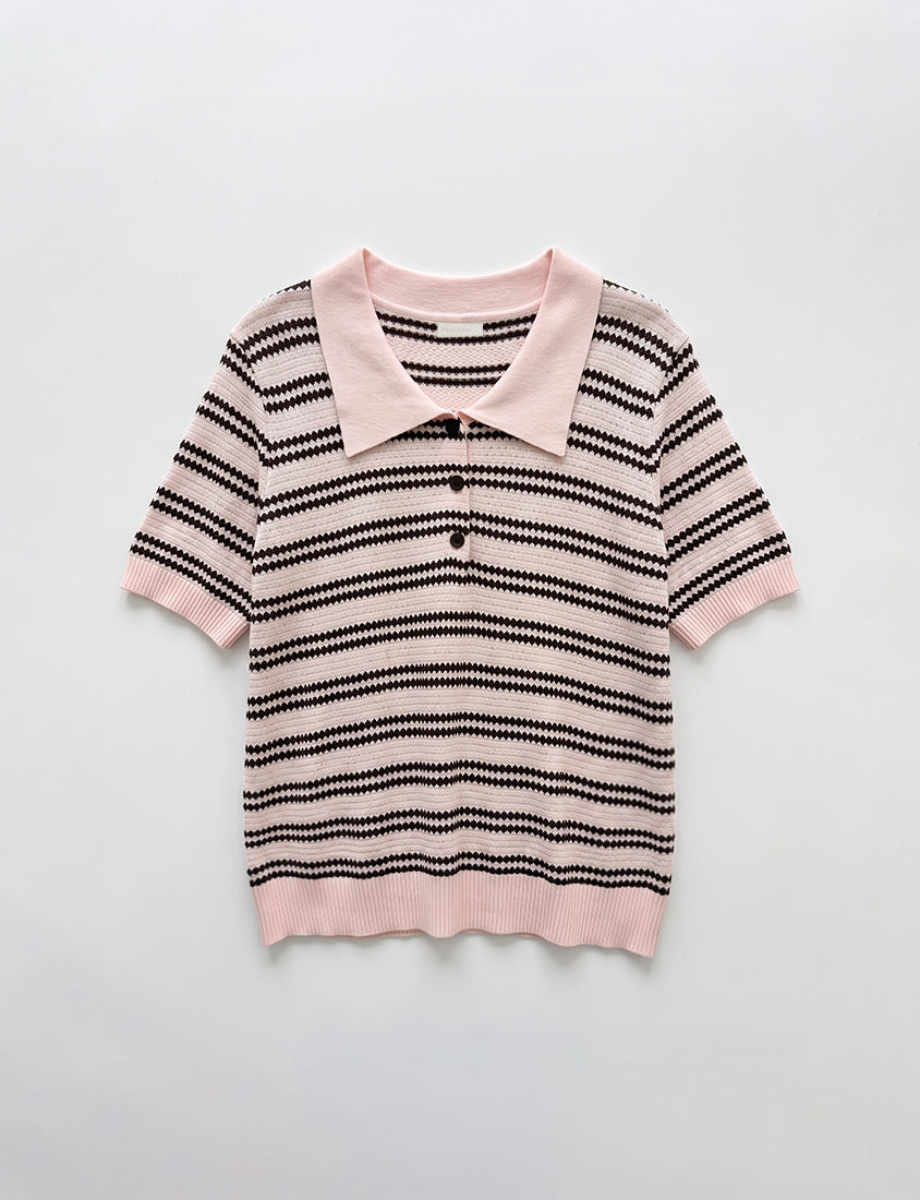 Collared Striped Knit Short Sleeve Plus Size Top