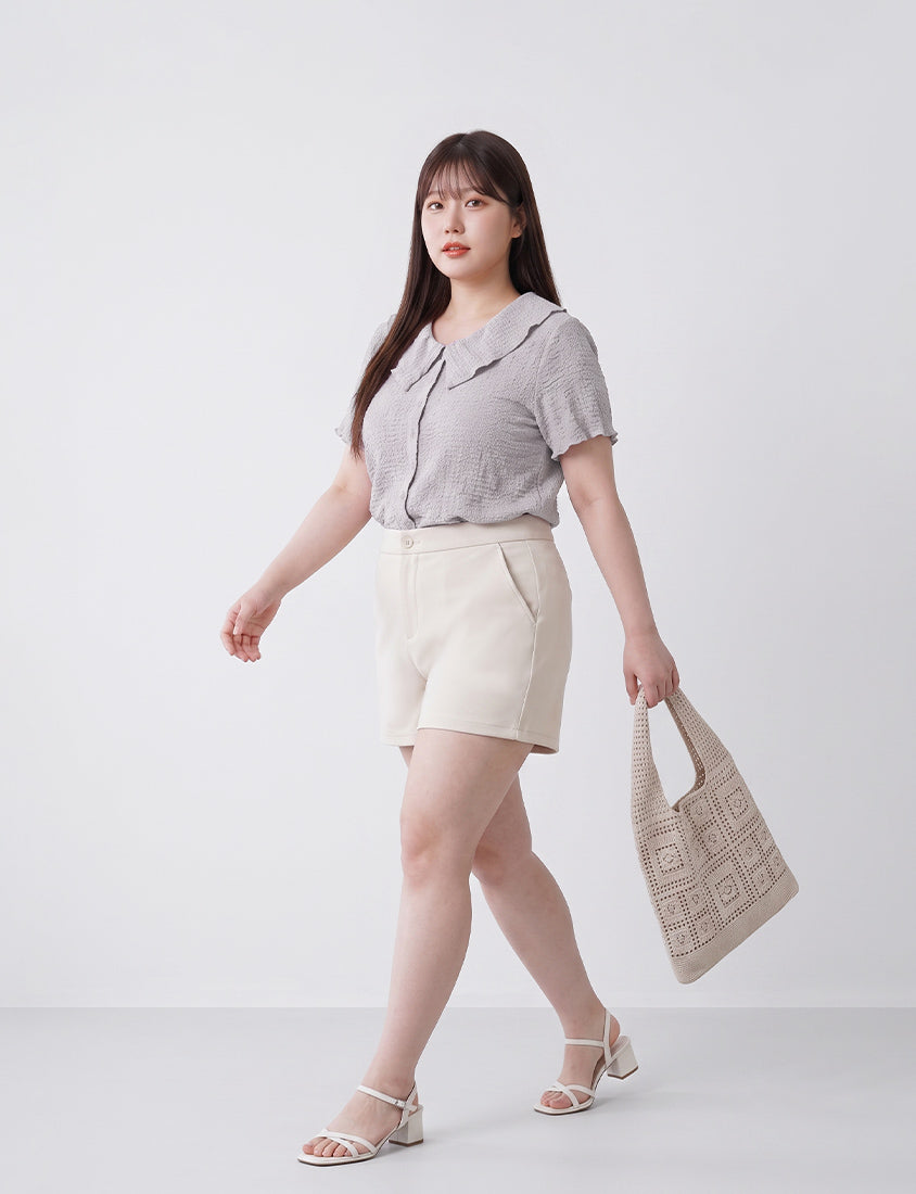 Collared Crinkle Faux Button Short Sleeve Top