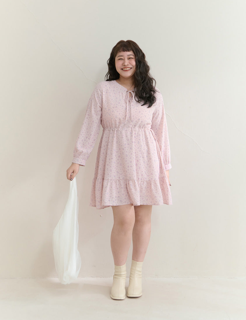 Early Spring Floral Tie-Front Long Sleeve Plus Size Mini Dress