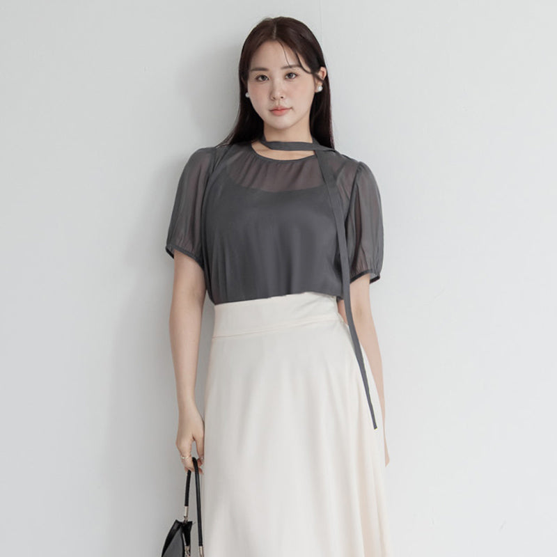 MISS. Elegant Two-Piece Sheer Plus Size Top (With Tie)