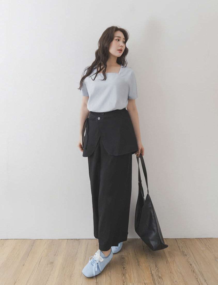 Layered Twill Plus Size Wide-Leg Pants (with Skirt Panel)
