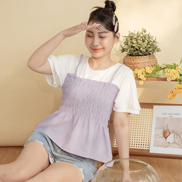 Sweet Crinkle Faux Two-Piece Short Sleeve Plus Size Top