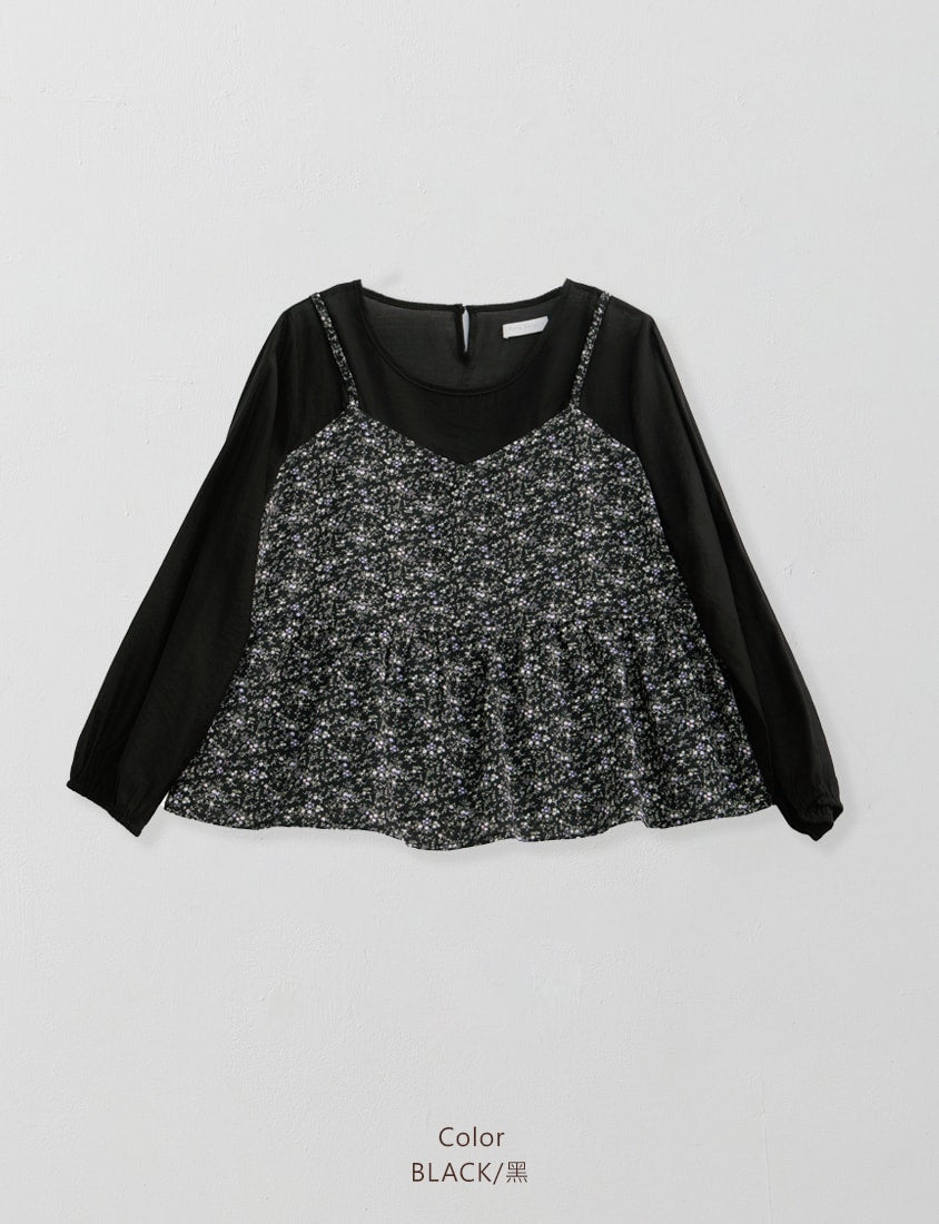 Floral Faux Two Piece Sheer Plus Size Long Sleeve Top