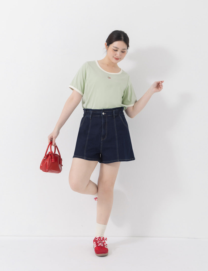Playful Bubble Hem Stitch Plus Size Denim Shorts