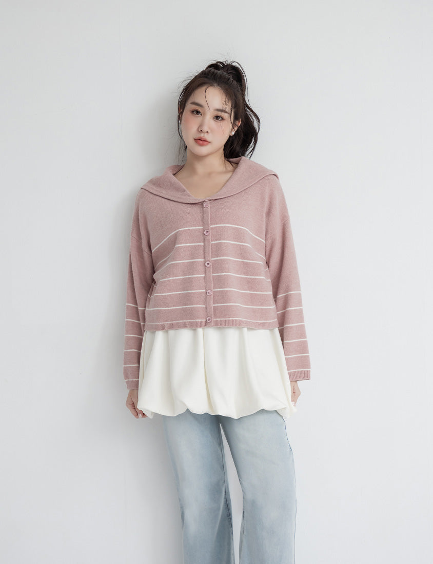 Striped Faux-Button Sailor Collar Plus Size Knit Top