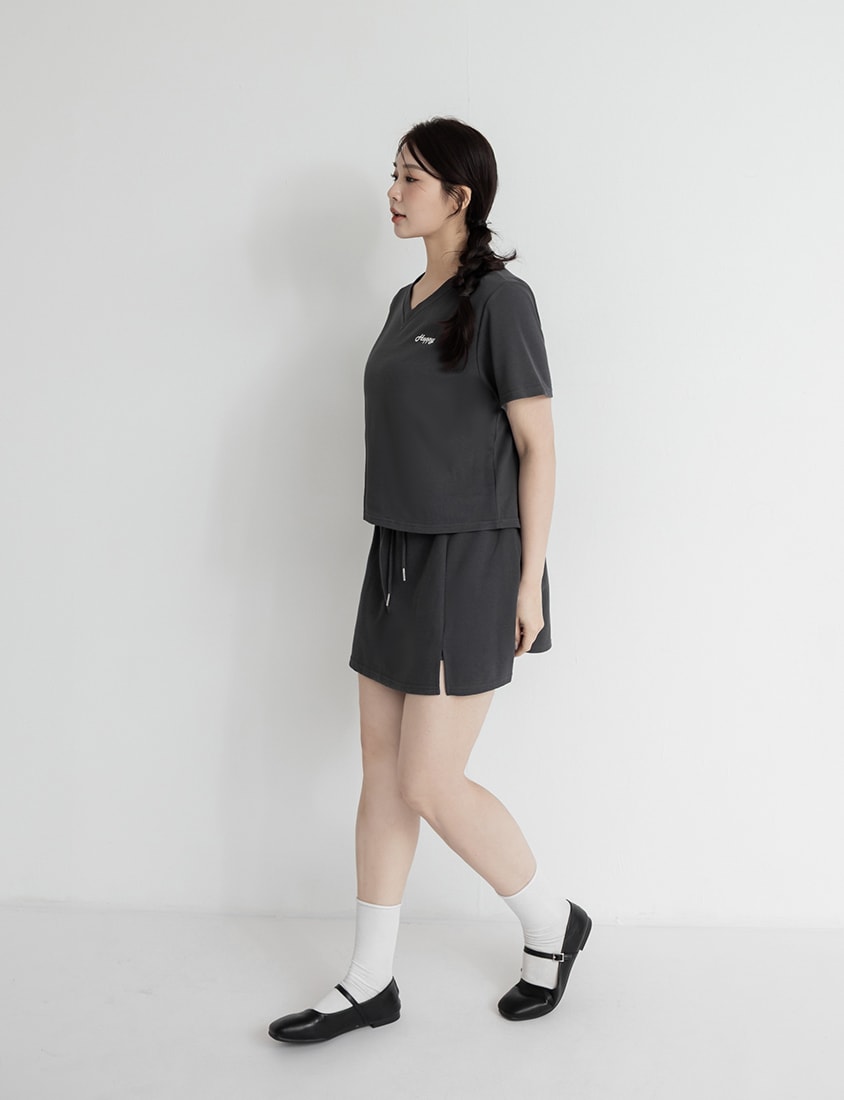 Soft Stretch Cotton Side Slit Drawstring Plus Size Mini Skirt