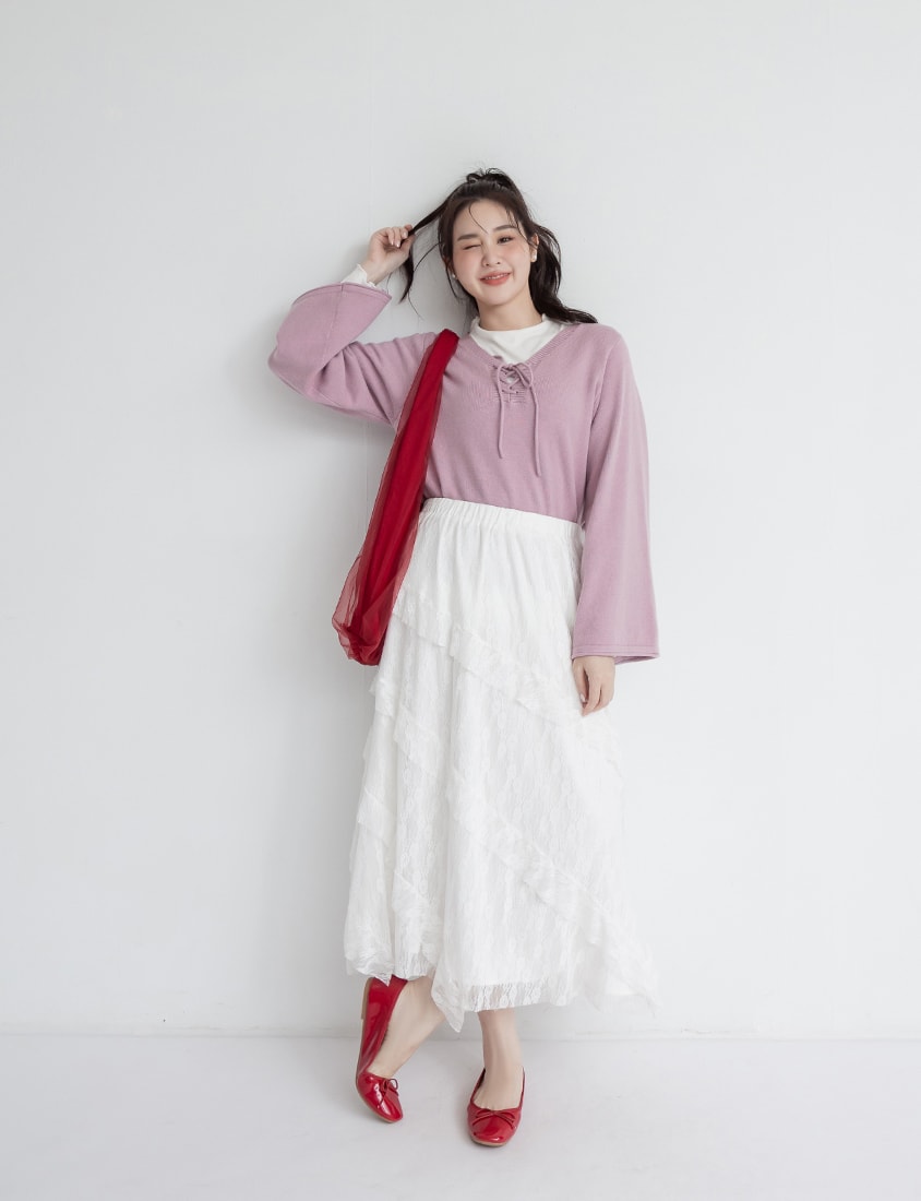 V-Neck Tie Flare Sleeve Plus Size Knit Top