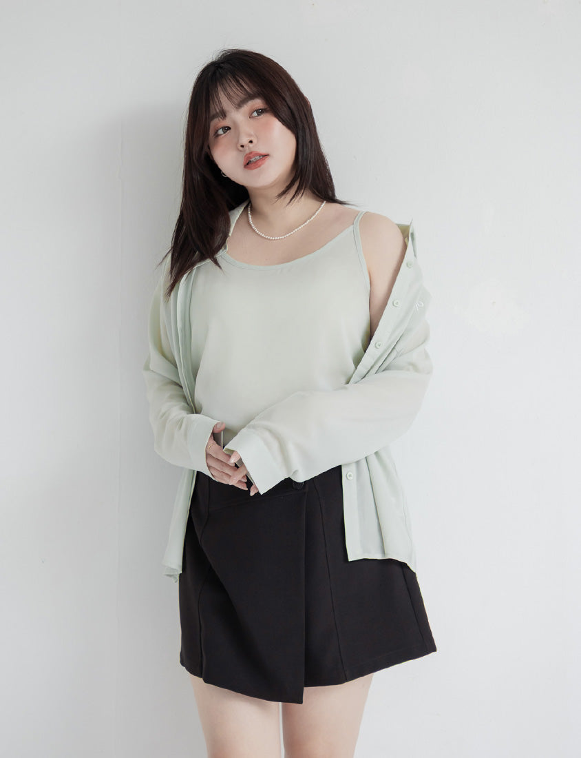 MISS. Two-Piece Sheer Embroidered Plus Size Shirt (With Inner Cami Top)