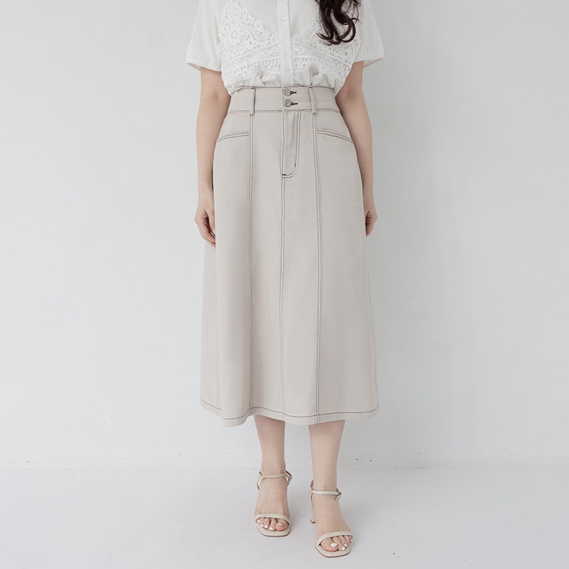 Contrast Stitch Back Slit A-Line Plus Size Maxi Skirt