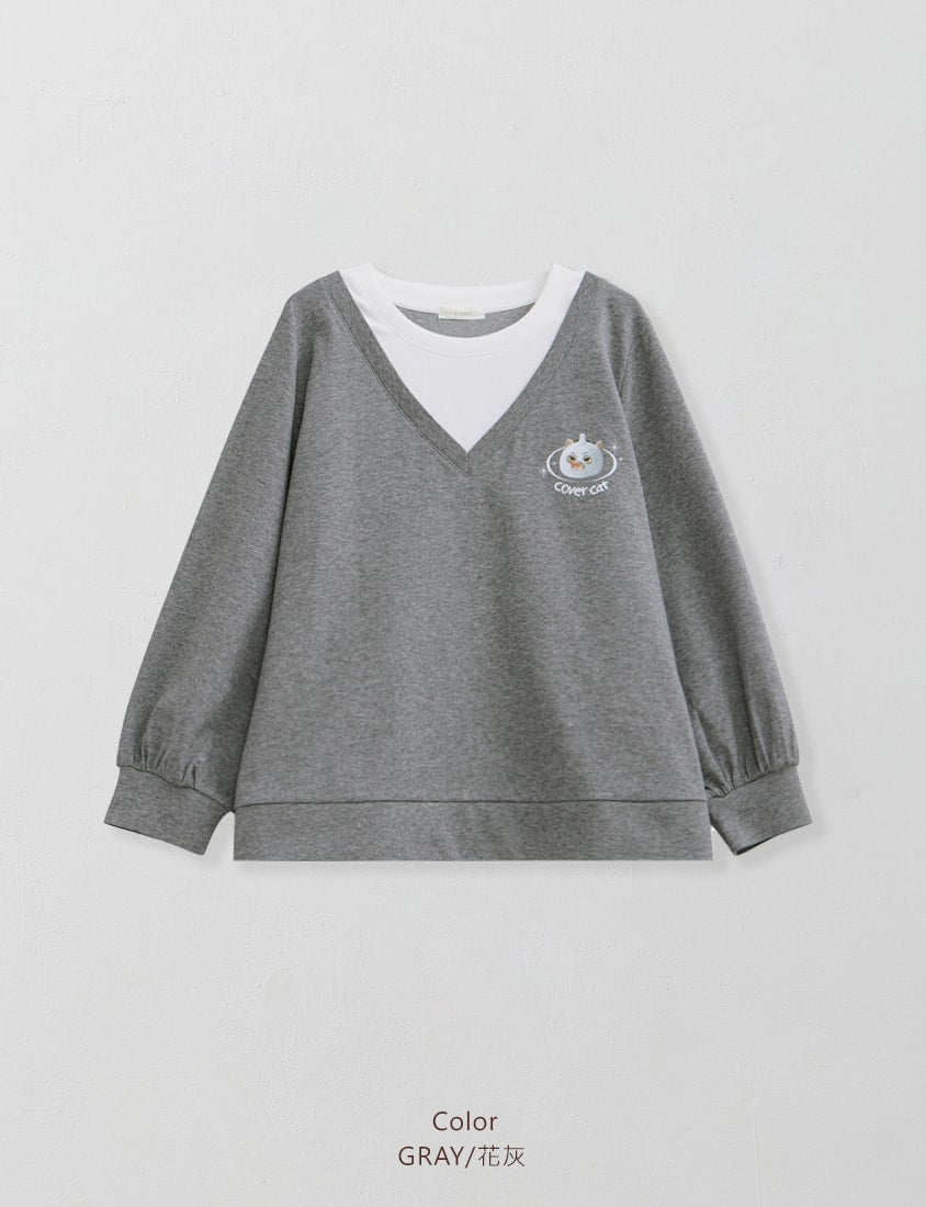 Snowball Cover Cat Faux Layered Plus Size Cloud Cotton Top (Unisex) (MIND.A.DAY Collaboration)